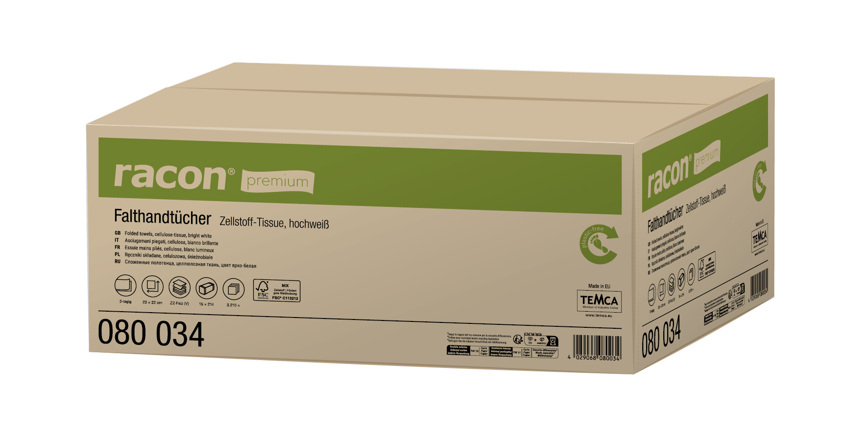 racon premium Falthandtücher, V-Falz - 2-lagig, 22 × 23cm (B×L), hochweiß, 15 x 214 Tücher