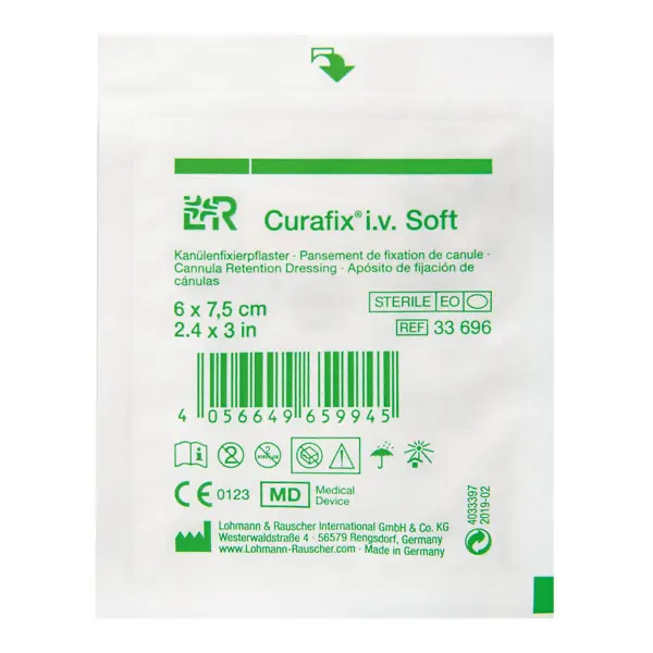 Preview: Curafix i.v. Soft Kanülenfixierung - Steril, 6 x 7,5cm, Latexfrei aus reinem Vliesstoff (SSB-fähig)