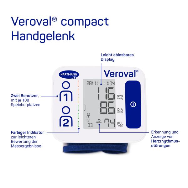 Preview: Hartmann Veroval Compact Handgelenk-Blutdruckmessgerät – Vollautomatische Messung