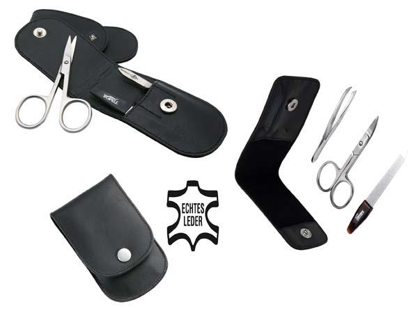 Maniküre-Set 3-Teilig - Nagelschere, Saphir-Nagelfeile, Pinzette, im schwarzen Lederetui