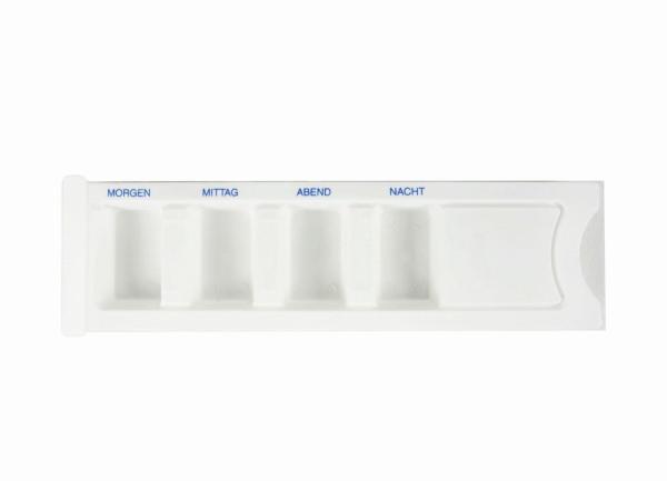 Medikamenten-Dispenser mit Schiebedeckel - 4fach Unterteilung, mit Schriftfeld