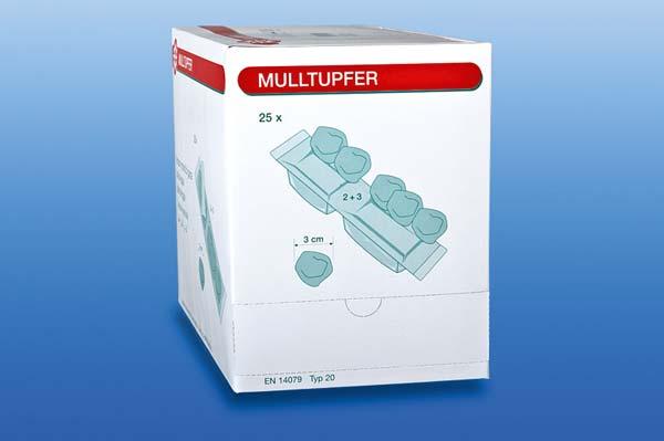 Noba-Mulltupfer - Ausführung 2+3 Tupfer in 25 Peelpacks, Ø 3cm, pflaumengroß, steril  (SSB-fähig)