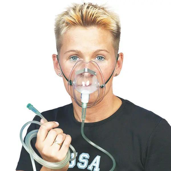 O2-Maske für Erwachsene mit Gummibändern, Nasenbügel und 2,10 m O₂-Schlauch