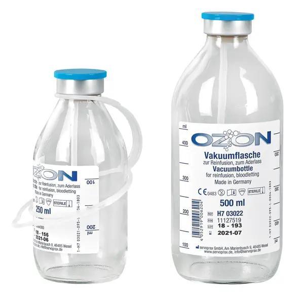 Ozon Vakuumflaschen zur Reinfusion, zum Aderlass - Aus Glas mit Aufhängevorrichtung