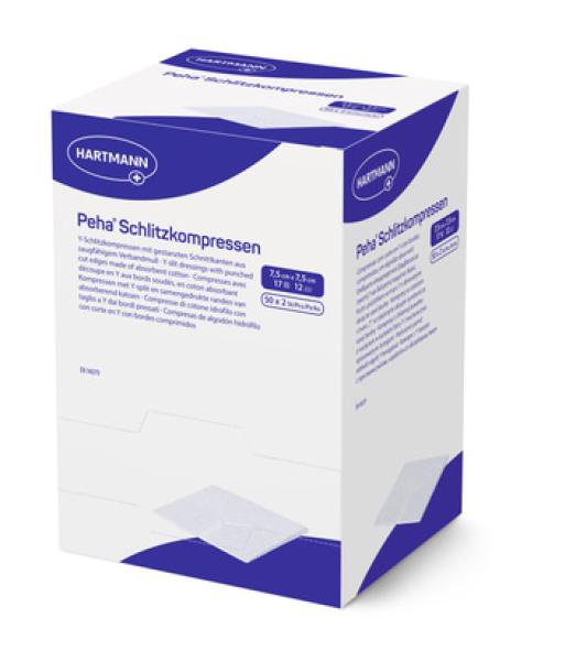Preview: Peha Schlitzkompressen, steril - 50x2 Stk zur Wundversorgung bei Drainagen, Tracheotomien (SSB-fähig)