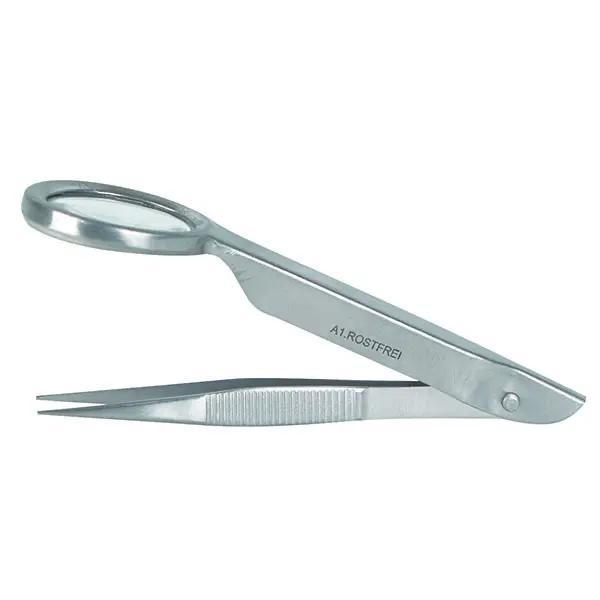 Pinzette mit Lupe - Spitze Form, gerieft 