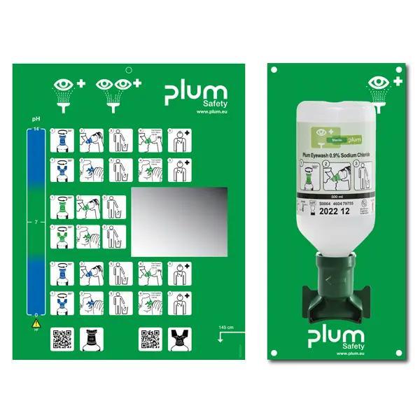 Plum Augenspülung Wandstation mit 1 Flasche - Mit Wandhalterung & beiliegendem Piktogramm