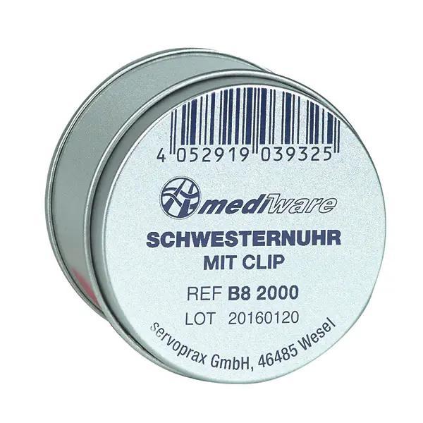 Preview: Schwesternuhr mit stabilem Clip und Sekundenanzeiger in einer Metalldose