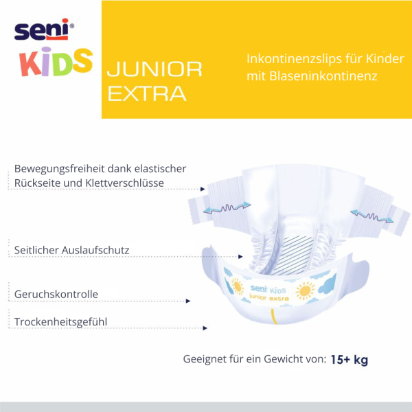 Preview: Seni Kids Junior Extra - Kinder Inkontinenzslips 15 - 30 kg, Latexfrei mit Auslaufschutz