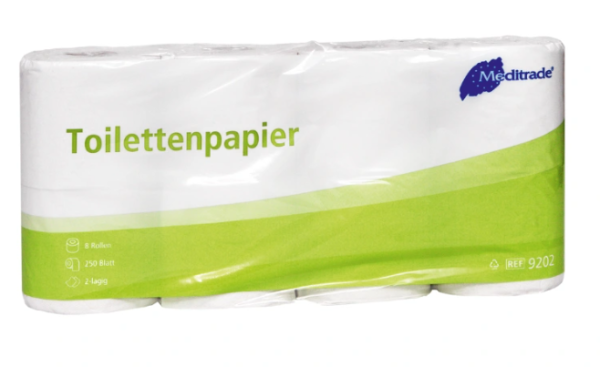 Toilettenpapier - 2-lagig, 250 Blatt, 8 Rollen, hochweiß, Zellstoff 