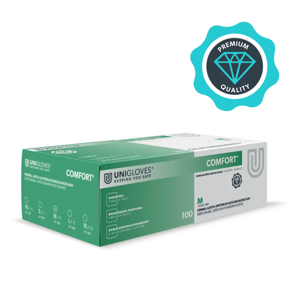 Unigloves Comfort - unsteriler Latex-Untersuchungshandschuh, puderfrei XL - extra groß
