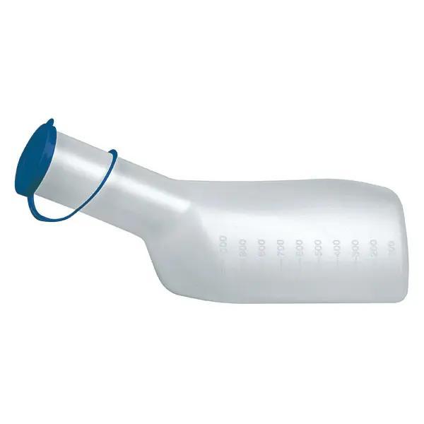 Preview: Urinflasche für Männer, eckig - sterilisierbar - Mit blauem Deckel - Volumen 1 Liter