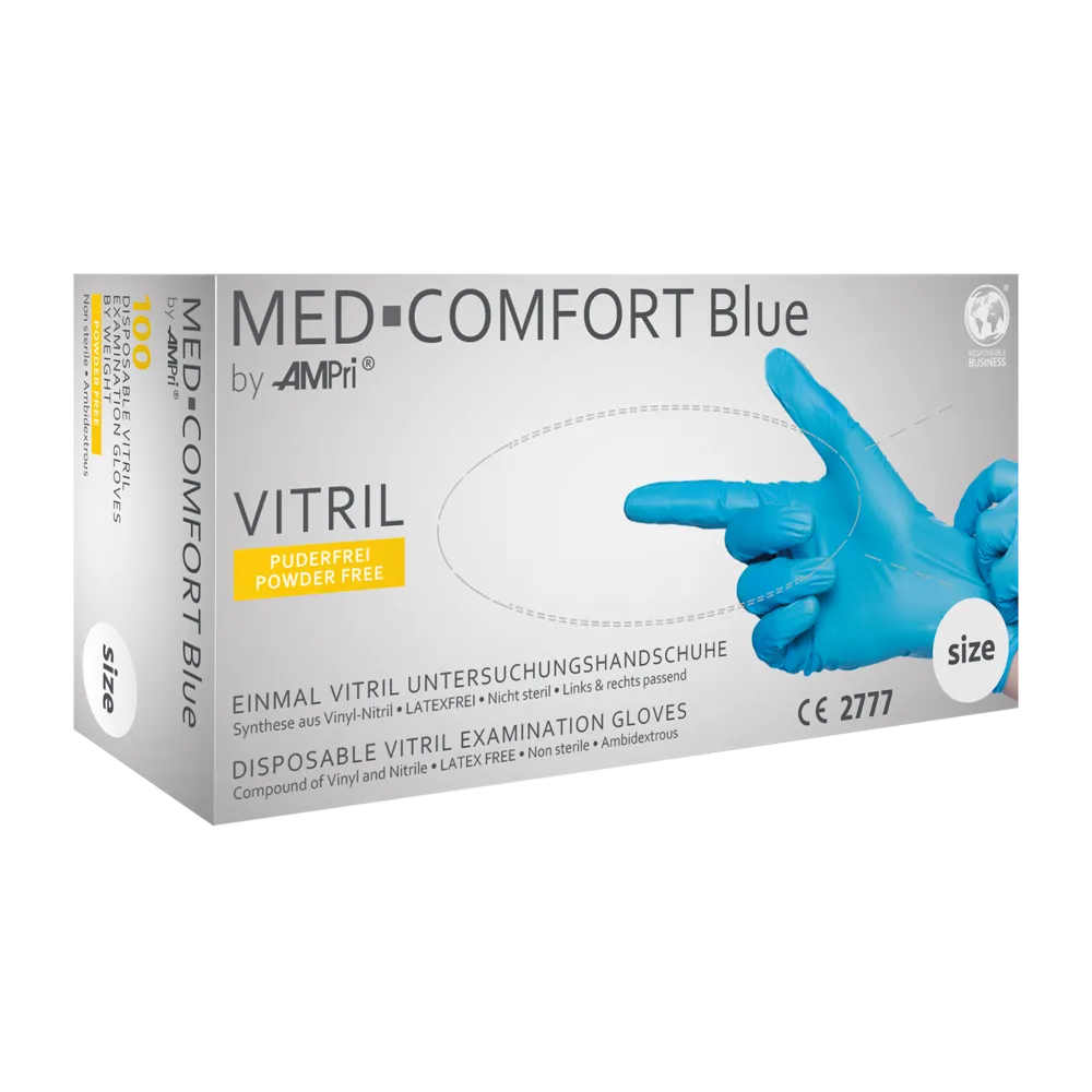 100 Stück Med Comfort Vitrilhandschuhe Blau - Unsterile Einmalhandschuhe Puderfrei