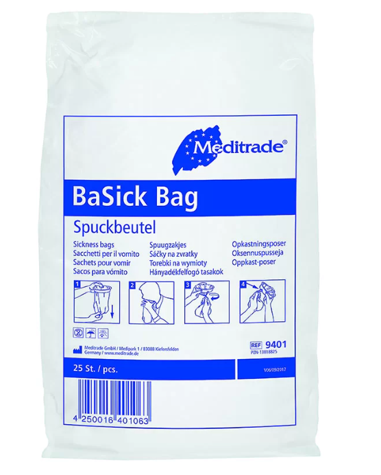 BaSickBag - Spuckbeutel zur Einmalverwendung bei Übelkeit, Volumen 1500 ml, 25 Stück