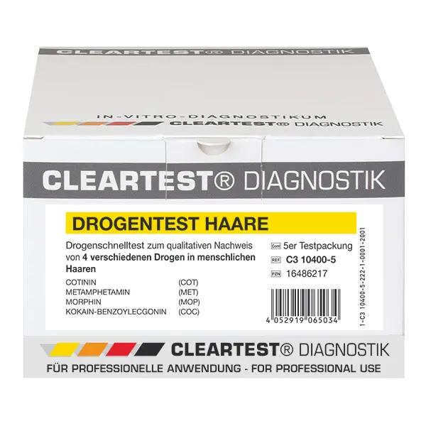 Cleartest Drogentest Haare - 4-in-1 (Cotinin, Metamphetamin, Morphin, Kokain), Zeit: 5 Min - Pack 5 Teste