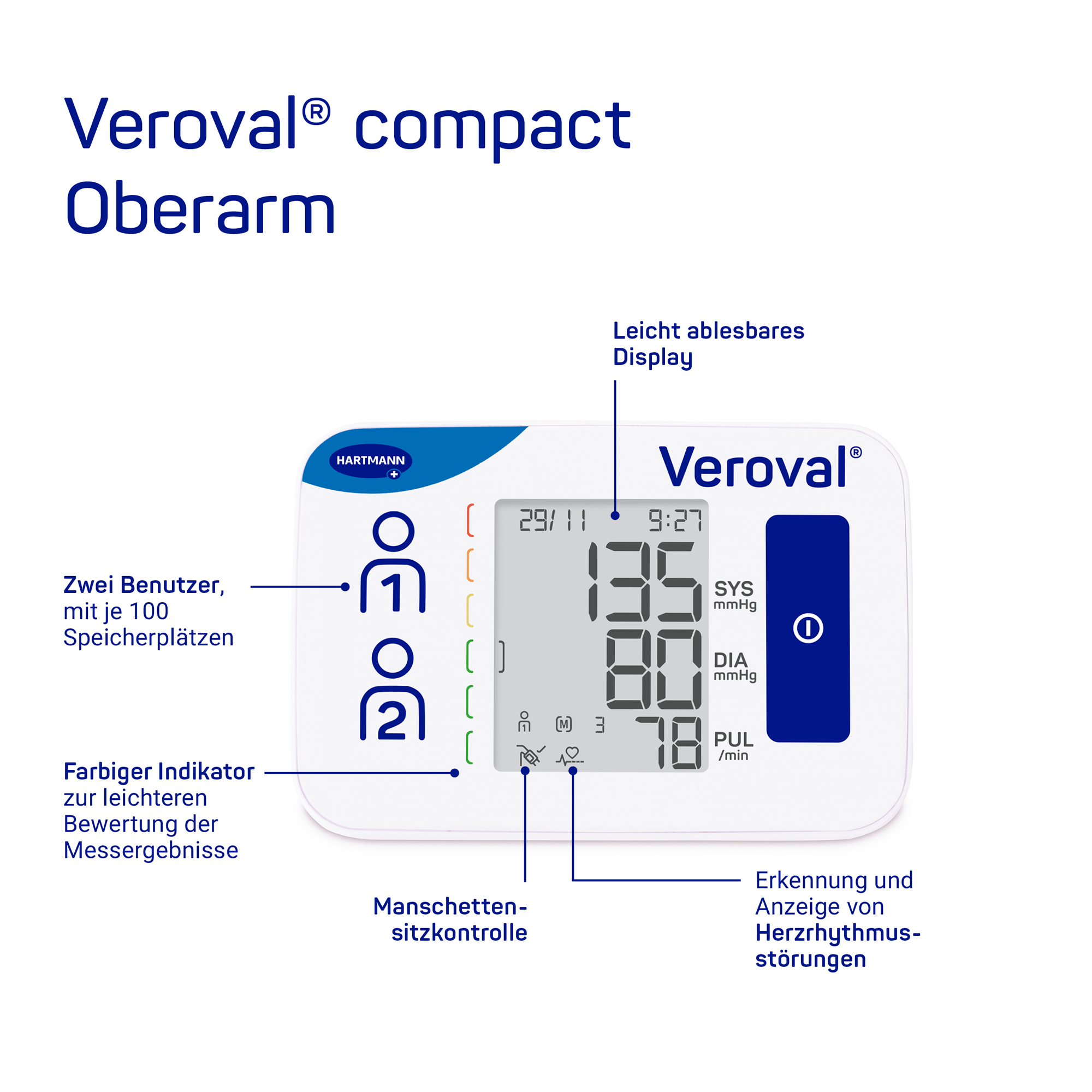 Hartmann Veroval Compact - Oberarm-Blutdruckmessgerät für anwenderfreundliches Messen
