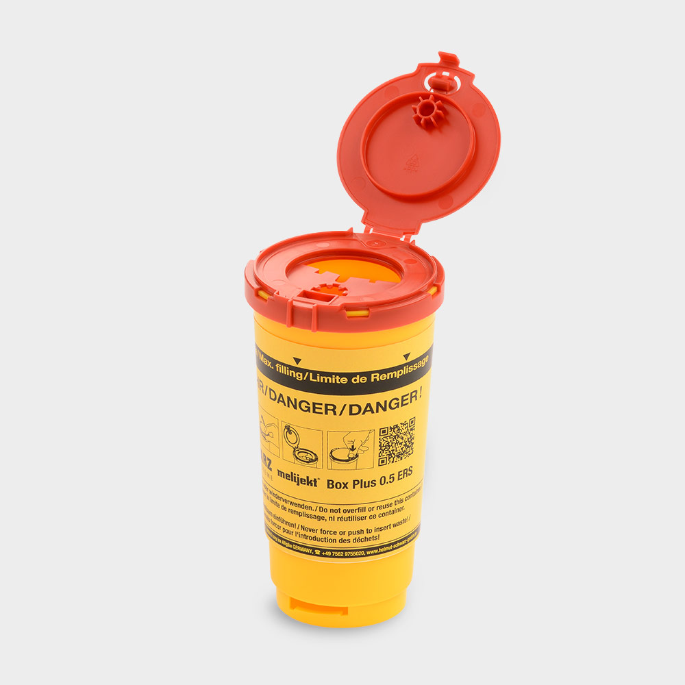 melijekt Box Plus - Kanülen-Entsorgungsbox, 500 ml, Maße: 89 mm Ø Deckel x 162 mm hoch
