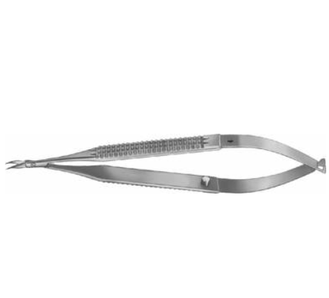 Mikro Federschere VANNAS, gebogen, scharf/scharf, 120 mm, flacher Griff, Kreuzzahnung