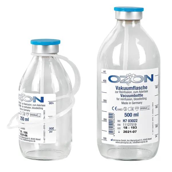 Ozon Vakuumflaschen zur Reinfusion, zum Aderlass - Aus Glas mit Aufhängevorrichtung