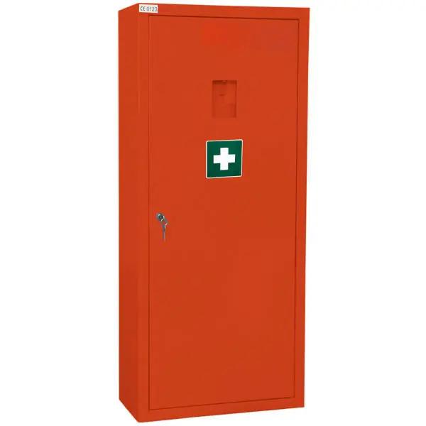 Sanitätsschrank Short - Stahlblech, Sicherheitsschloß und Erste-Hilfe-Emblem auf der Tür
