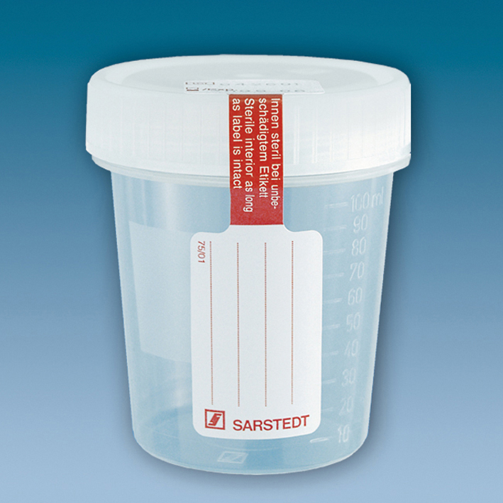 Schraubbecher 100 ml, steril - Mit Schraubdeckel und Sicherungsetikett, 40 Beutel je 5 Stk