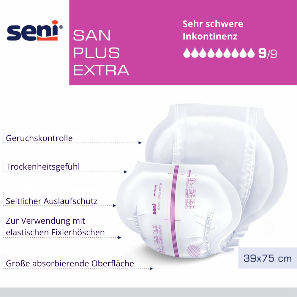 Seni San Plus Extra (Gr. 3+) - Atmungsaktive-anatomische Inkontinenzvorlagen, 30 Stück