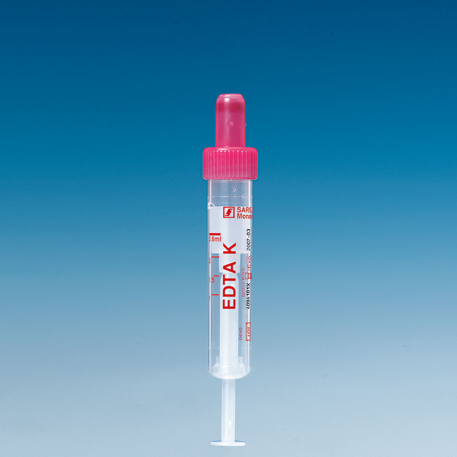 S-Monovetten EDTA K3E, 2,6 ml - Verschluss rot, (LxØ): 65 x 13 mm, mit Kunststoffetiket