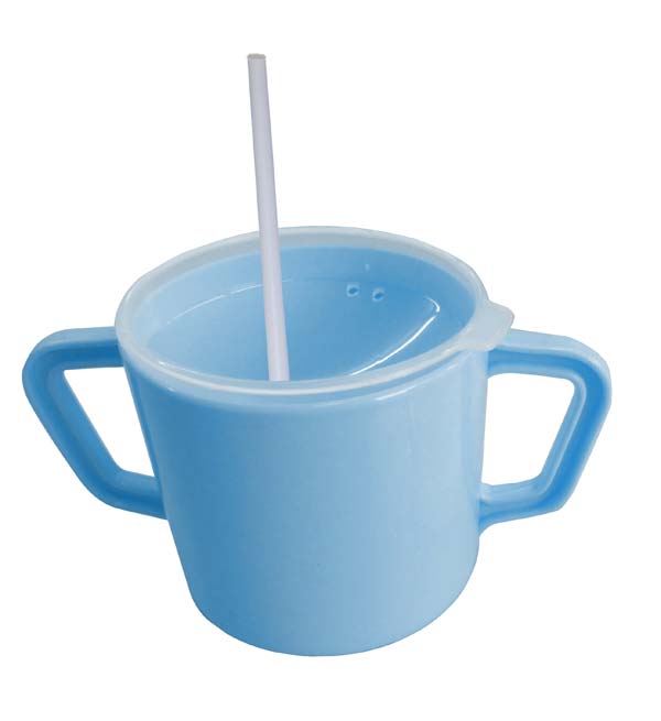Trinkbecher mit 2 Henkeln mit Tee- und Strohhalmaufsatz - Pastellblau, 200 ml