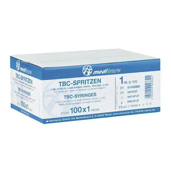 Tuberkulinspritzen 1 ml - Mit blauem Kolben, latexfreiem Dorn und schwarzer Graduierung