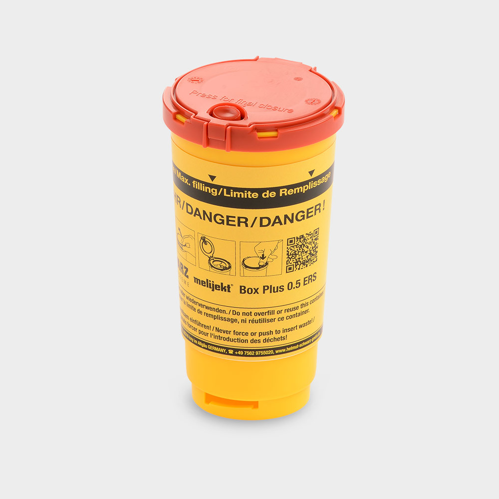 melijekt Box Plus - Kanülen-Entsorgungsbox, 500 ml, Maße: 89 mm Ø Deckel x 162 mm hoch