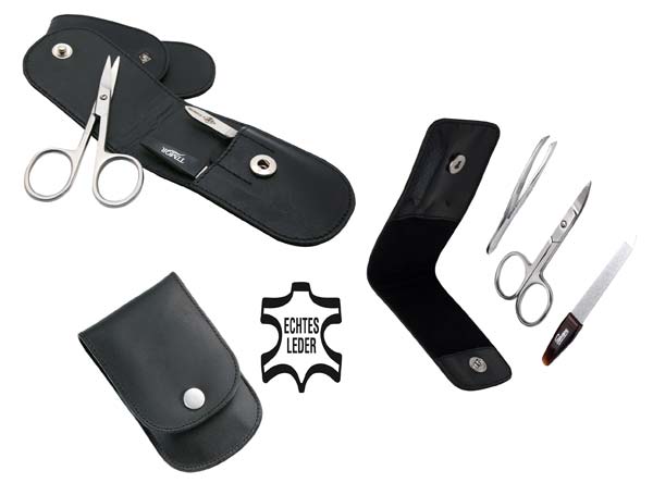 Maniküre-Set 3-Teilig - Nagelschere, Saphir-Nagelfeile, Pinzette, im schwarzen Lederetui