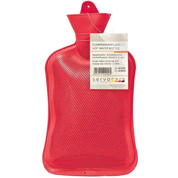 Gummi-Wärmflasche - Fassungsvermögen 2 Liter, Leuchtendes Rot mit kräftigen Doppellamellen