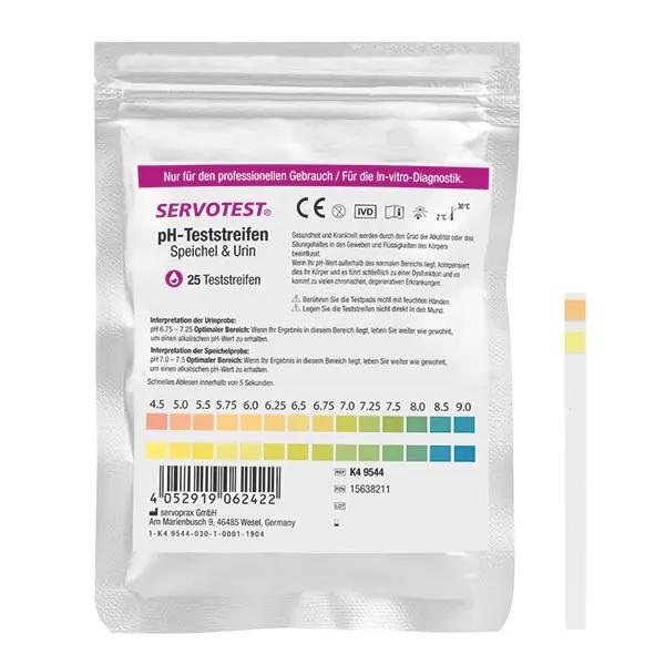 SERVOTEST Speichel und Urin - pH-Teststreifen, pH 4,5 - 9, Zeit 5 Sekunden, 25 Stück