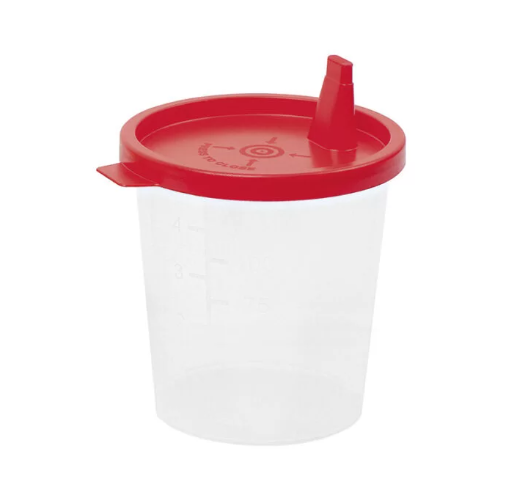 Urinbecher mit Ausguss und rotem Deckel - 125 ml, 50 Stück